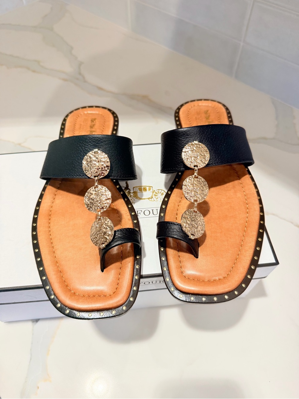 Coach and Four Black and Tan Leather Slide Sandals with Gold Accents - Picture 11 of 15